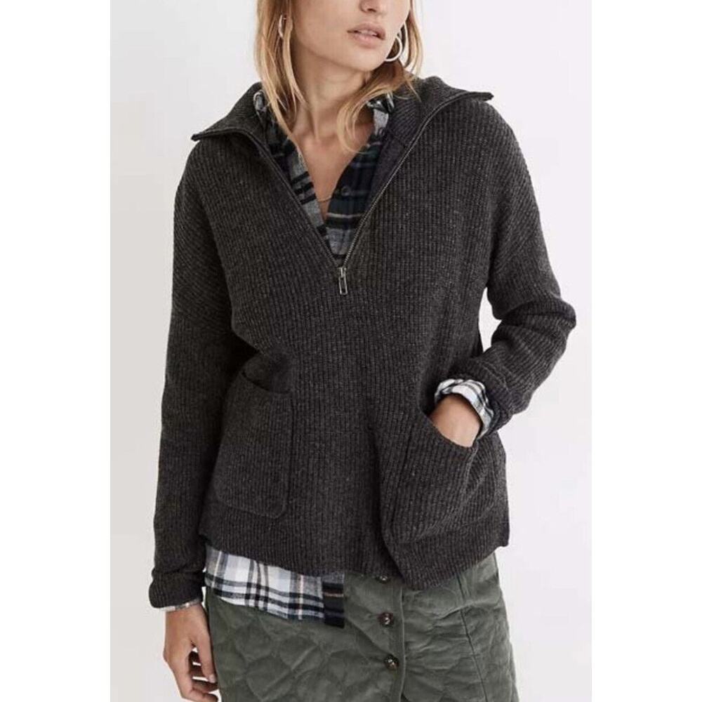 Madewell Women's XS Gray Ribbed Knit 1/4‎ Zip High Neck Sweater - Picture 2 of 7